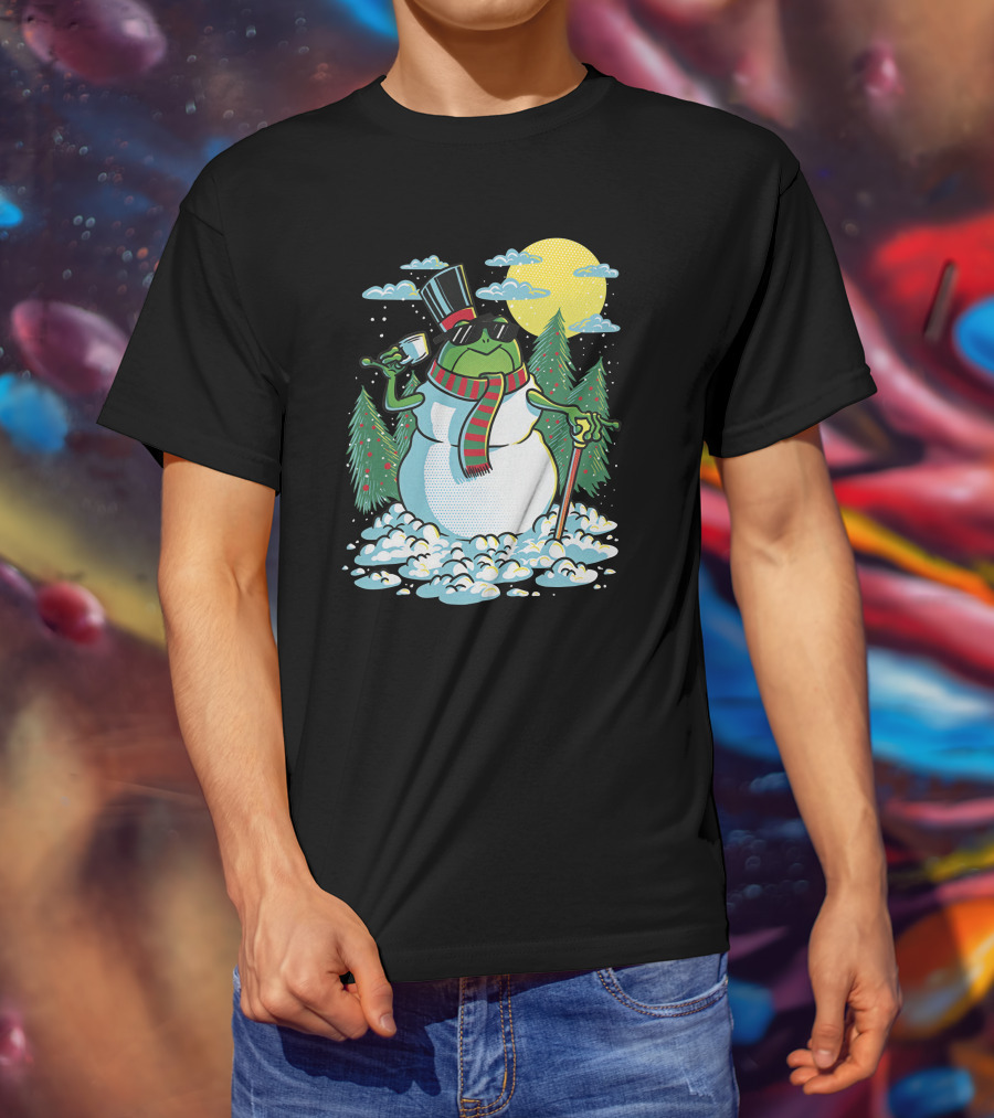 BoomerNA Merch BoomerNA Snowfrog Frog Snowman Christmas Tree Top Hat Cane T-Shirt