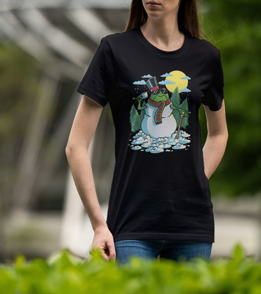 BoomerNA Merch BoomerNA Snowfrog Frog Snowman Christmas Tree Top Hat Cane T-Shirt
