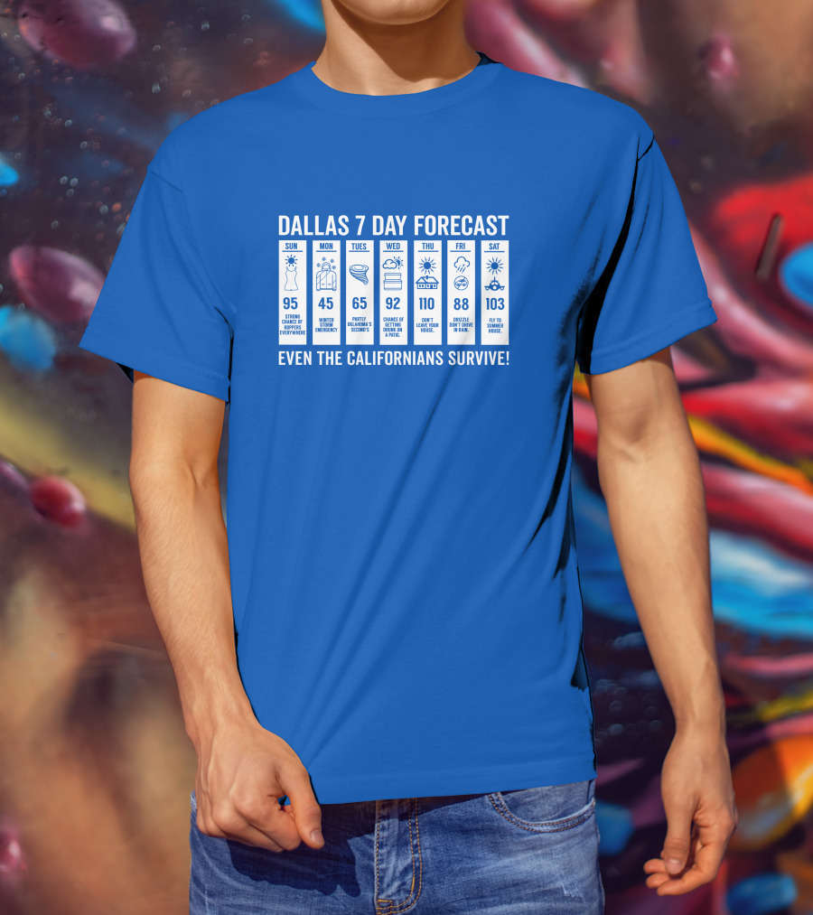 Dallas 7 Day Forecast Weather Parody Even The Californians Survive Bullzerk Merch T-Shirt