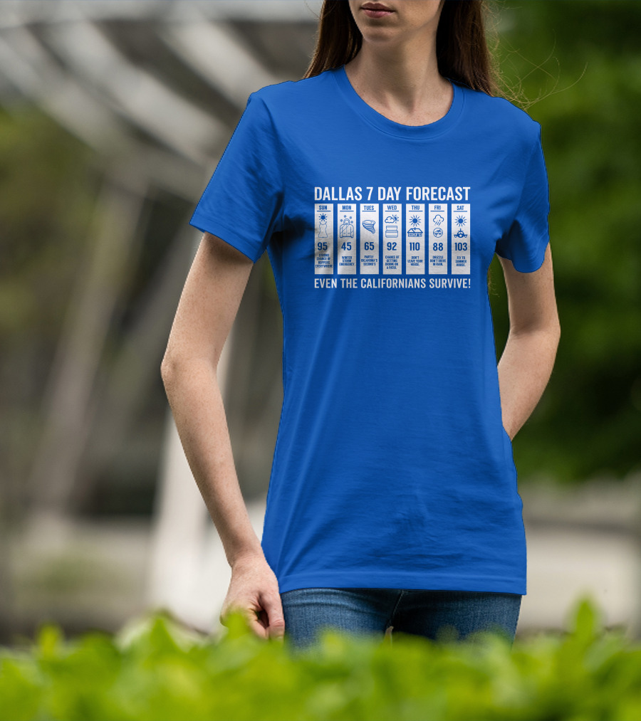 Dallas 7 Day Forecast Weather Parody Even The Californians Survive Bullzerk Merch T-Shirt