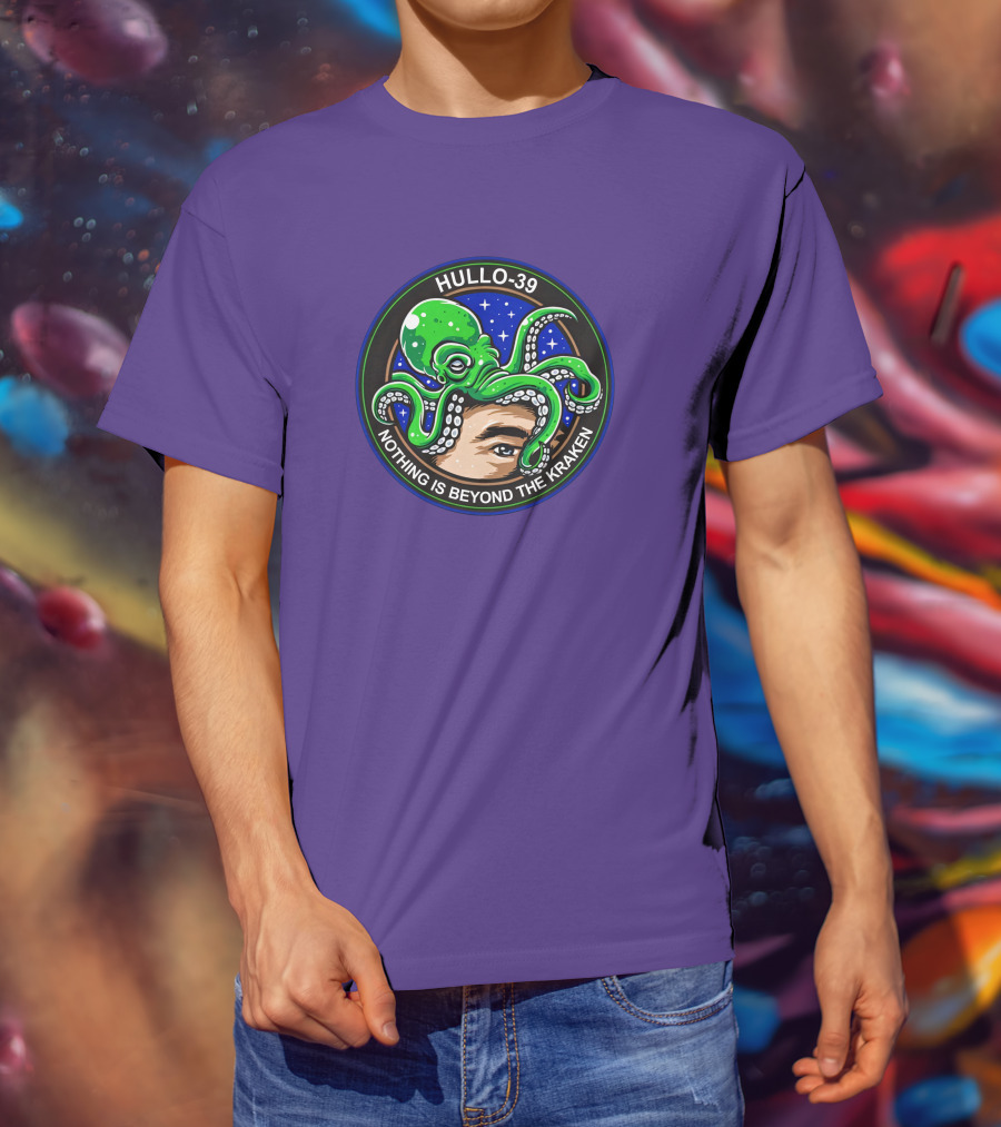 Hullo-39 Nothing Is Beyond The Kraken Green Octopus Starry Sky Badge T-Shirt
