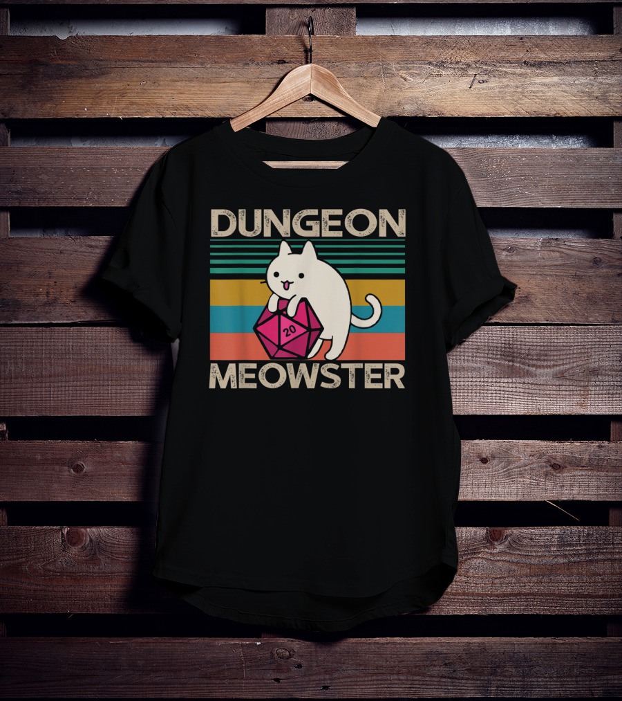 Dungeon Meowster Nerdy Gamer Cat D20 RPG Retro Stripes T-Shirt