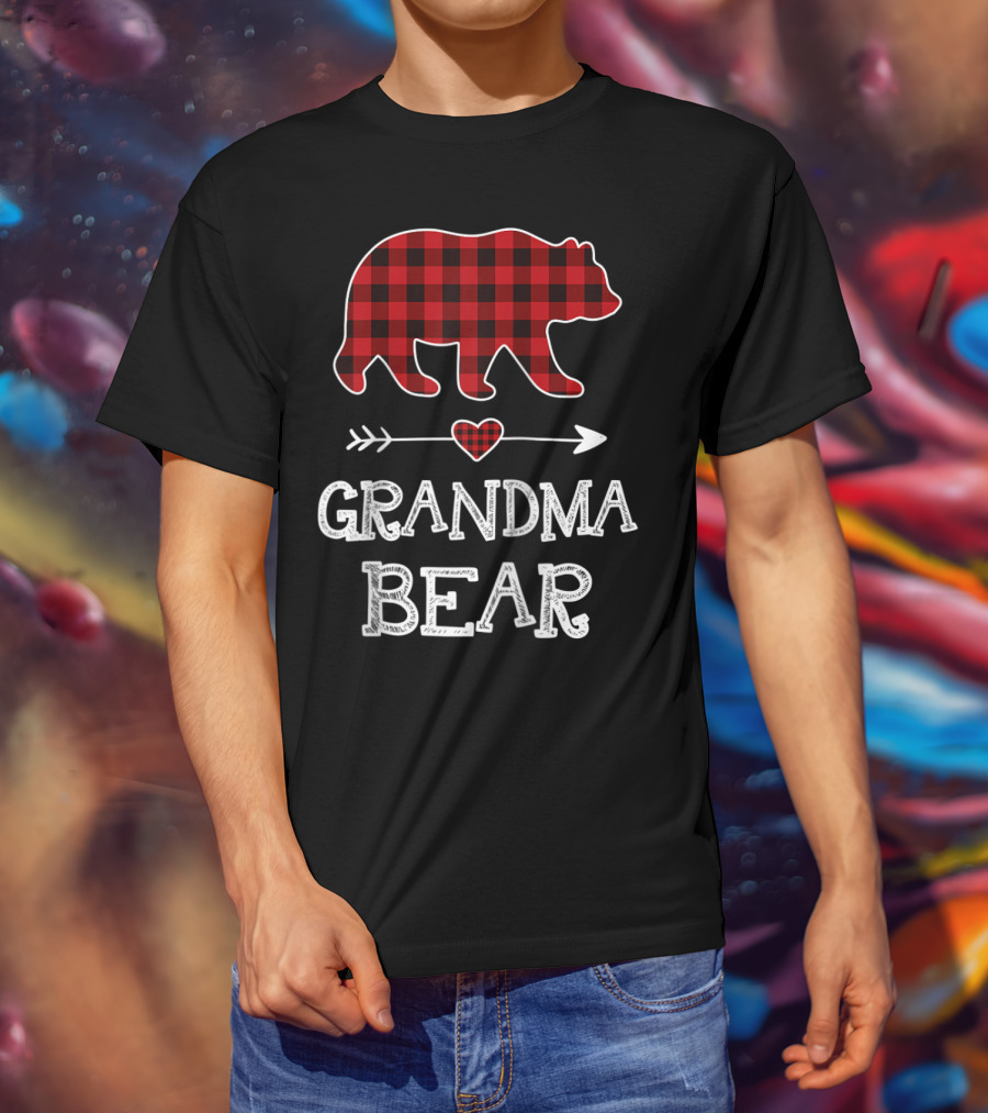 Grandma Bear Christmas Buffalo Plaid Raglan Baseball T-Shirt