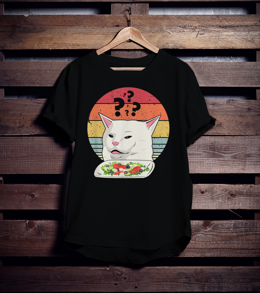 Cat Meme Confused Expression With Salad And Retro Color Stripes T-Shirt