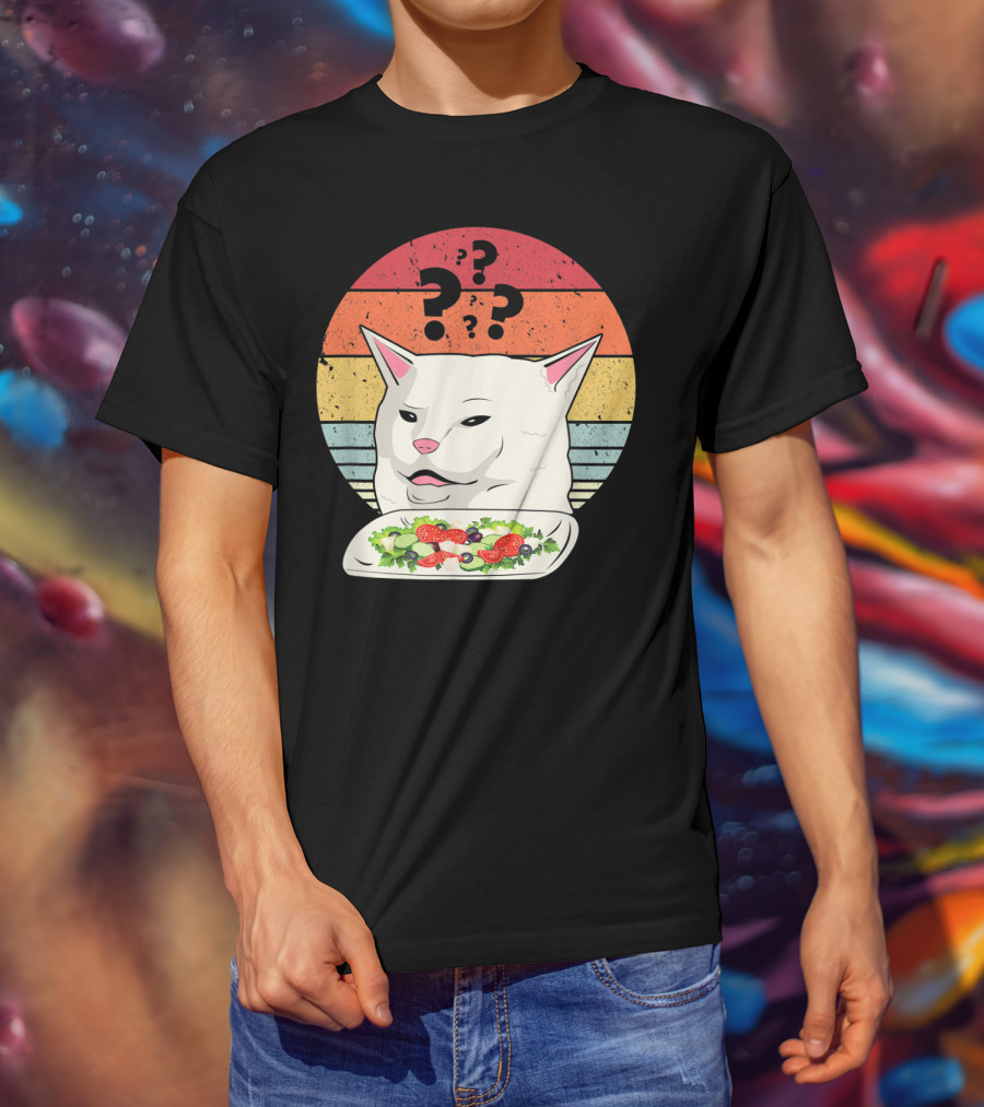 Cat Meme Confused Expression With Salad And Retro Color Stripes T-Shirt
