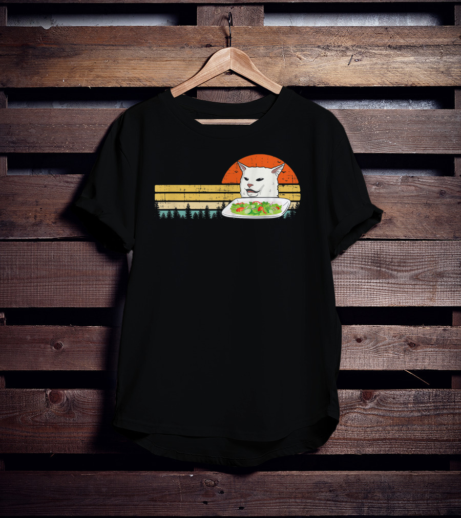 Yelling Cat Meme Retro Sunset Salad Plate Forest Scene T-Shirt