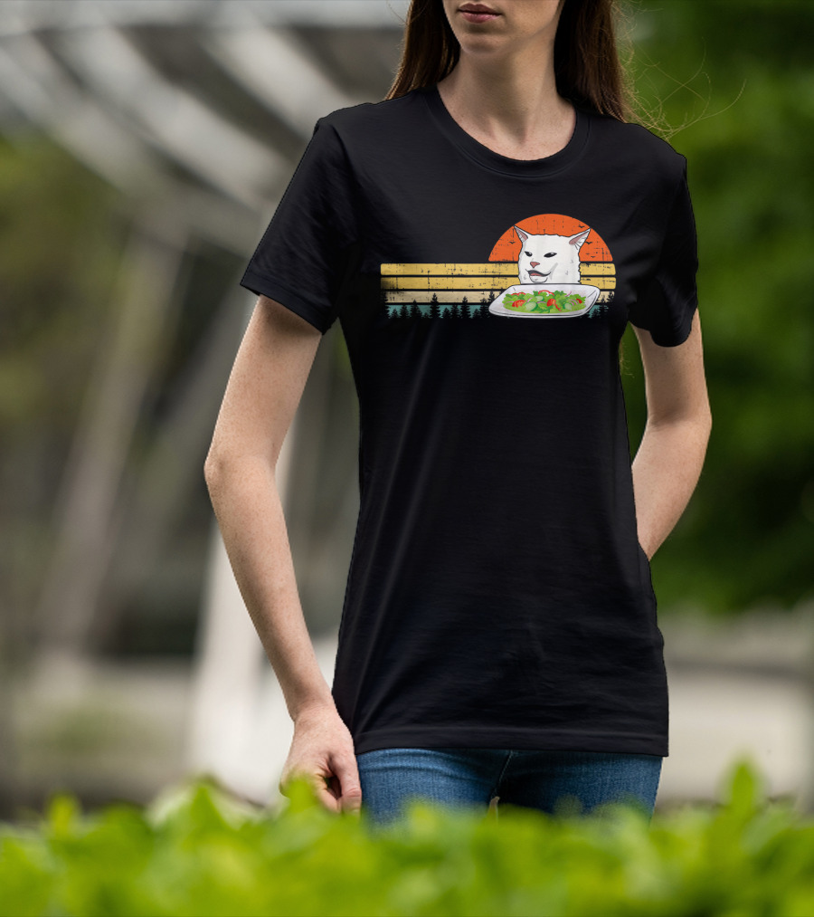 Yelling Cat Meme Retro Sunset Salad Plate Forest Scene T-Shirt