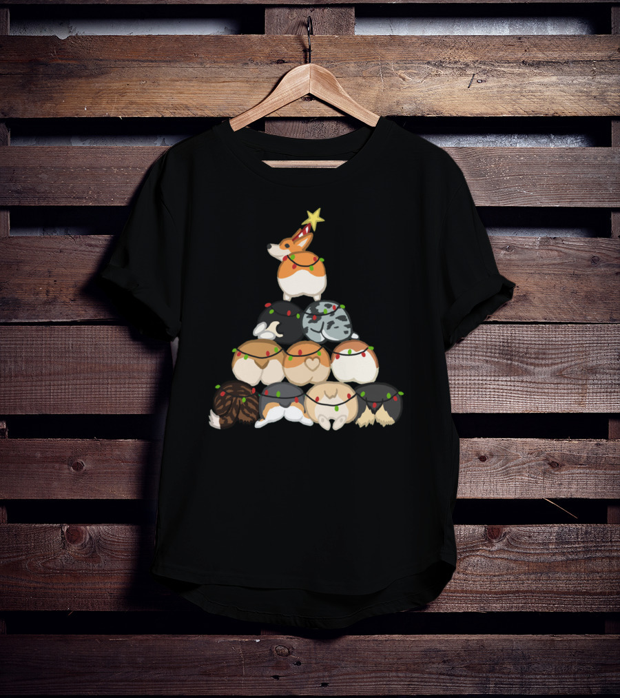 Corgi Butt Christmas Tree With Festive Lights And Star Topper T-Shirt
