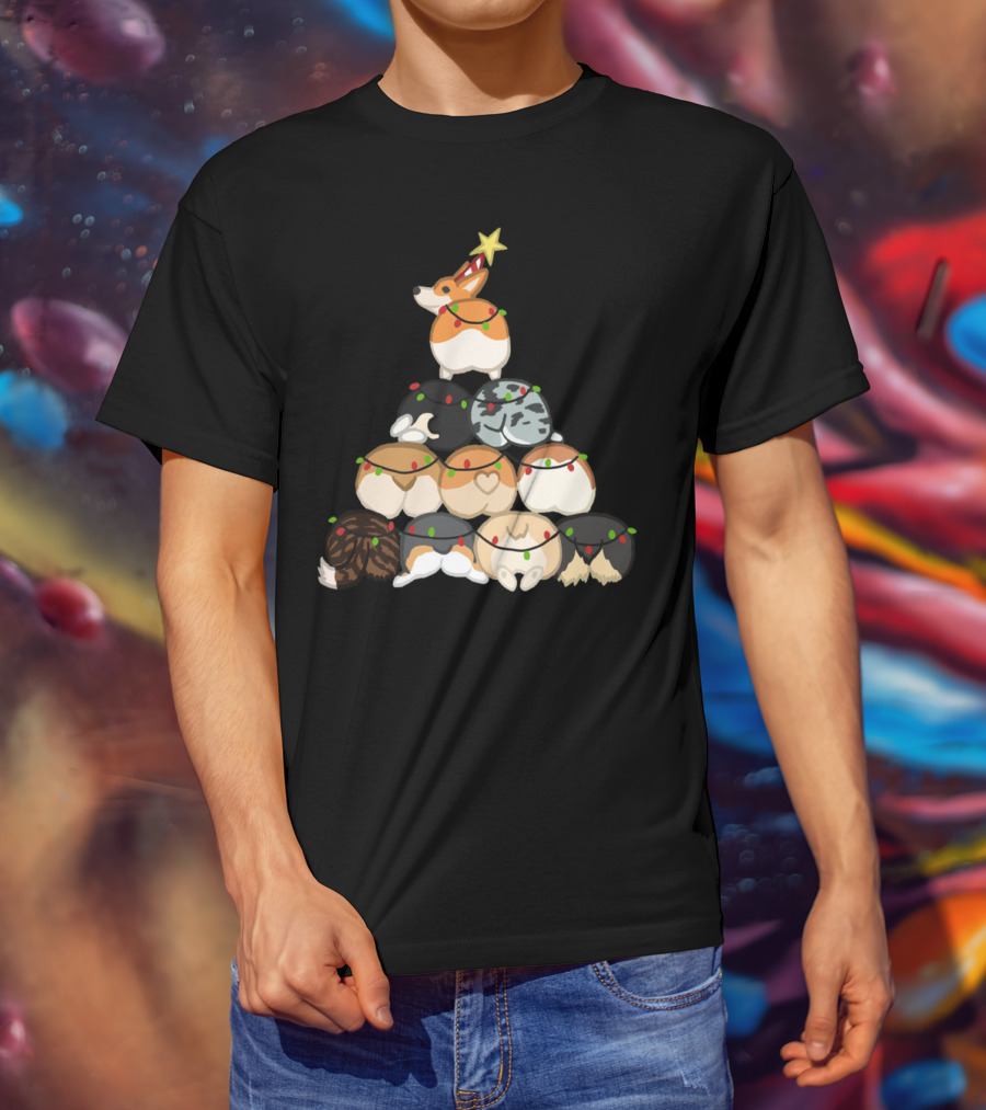 Corgi Butt Christmas Tree With Festive Lights And Star Topper T-Shirt