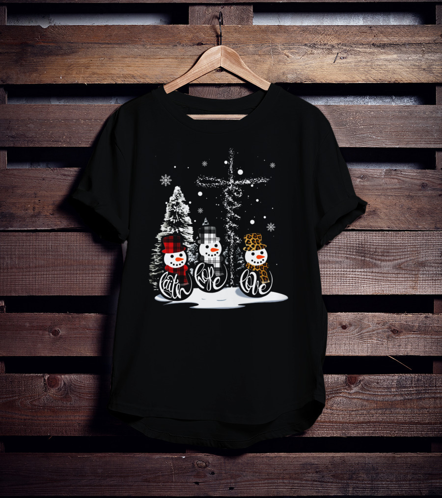 Faith Hope Love Snowmen Jesus Christmas Leopard Plaid T-Shirt
