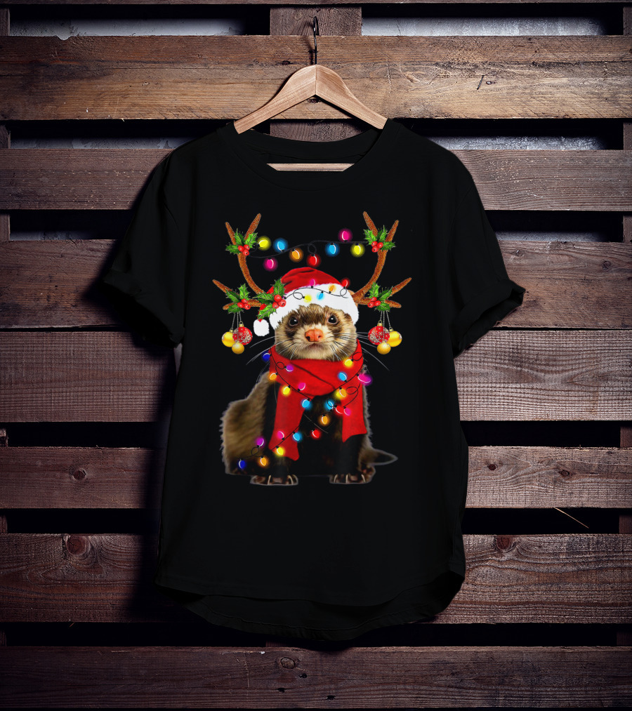 Ferret Santa Reindeer Christmas Lights T-Shirt