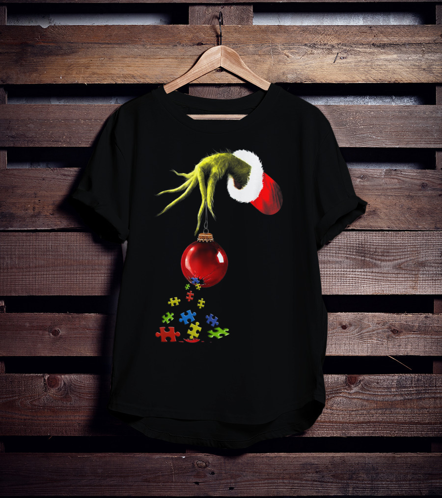 Grinch Hand Holding Red Ornament With Autism Puzzle Pieces T-Shirt