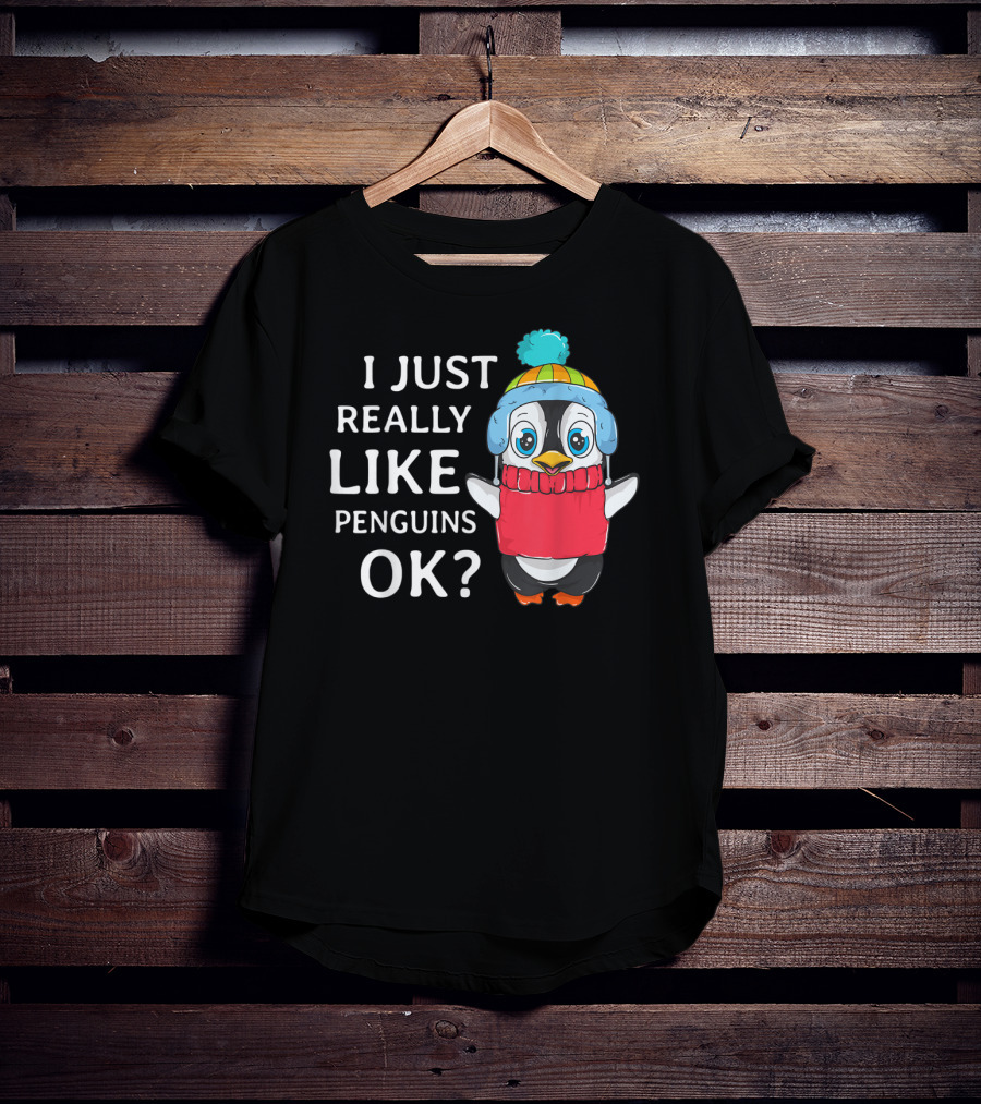 I Just Really Like Penguins Ok Cute Penguin In Winter Hat And Scarf T-Shirt
