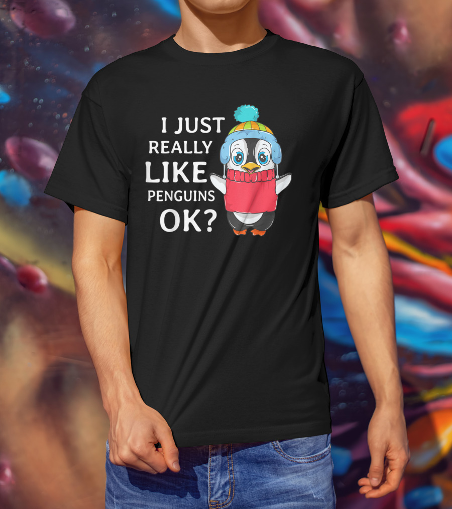 I Just Really Like Penguins Ok Cute Penguin In Winter Hat And Scarf T-Shirt