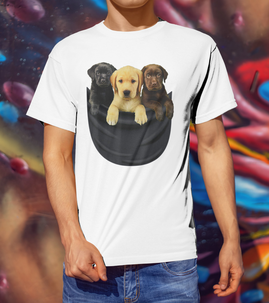 Labrador Retriever Puppy Trio In Big Black Pocket Dog T-Shirt