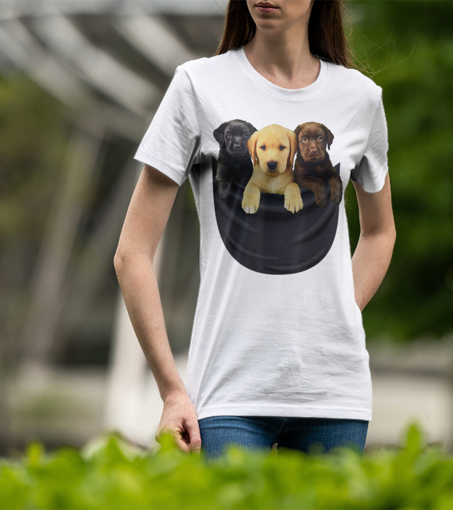 Labrador Retriever Puppy Trio In Big Black Pocket Dog T-Shirt