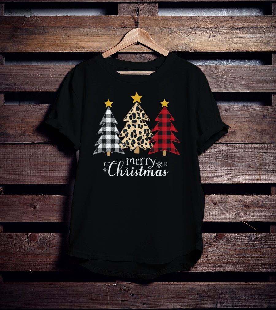 Merry Christmas Buffalo Plaid And Leopard Print Xmas Trees T-Shirt