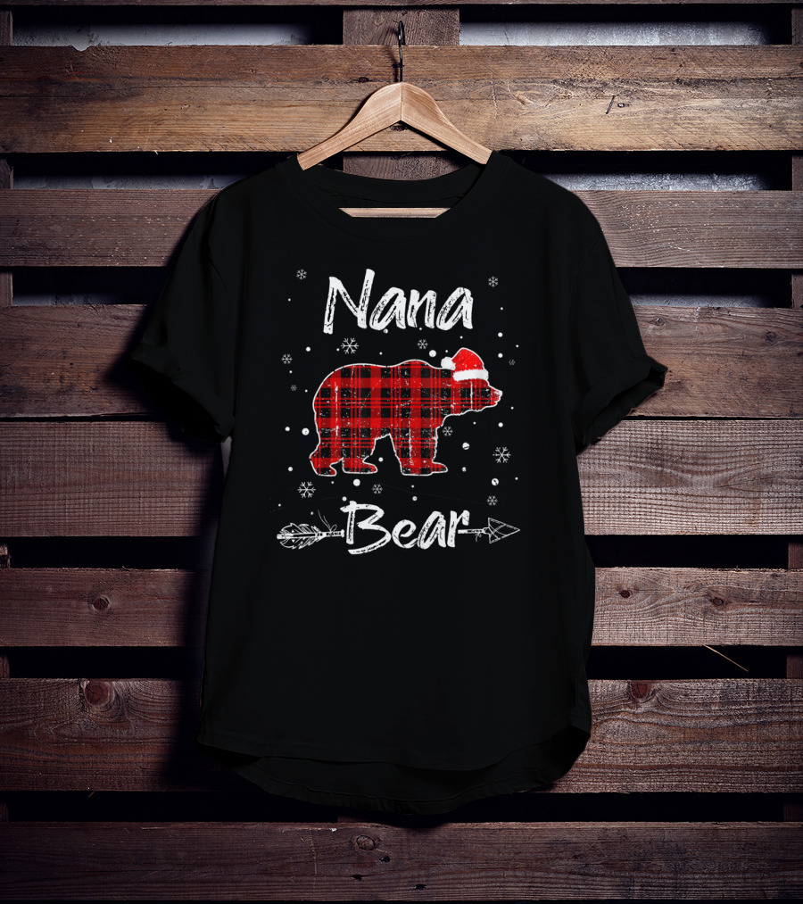 Nana Bear Christmas Red Plaid Santa Hat Snowflakes Arrow T-Shirt