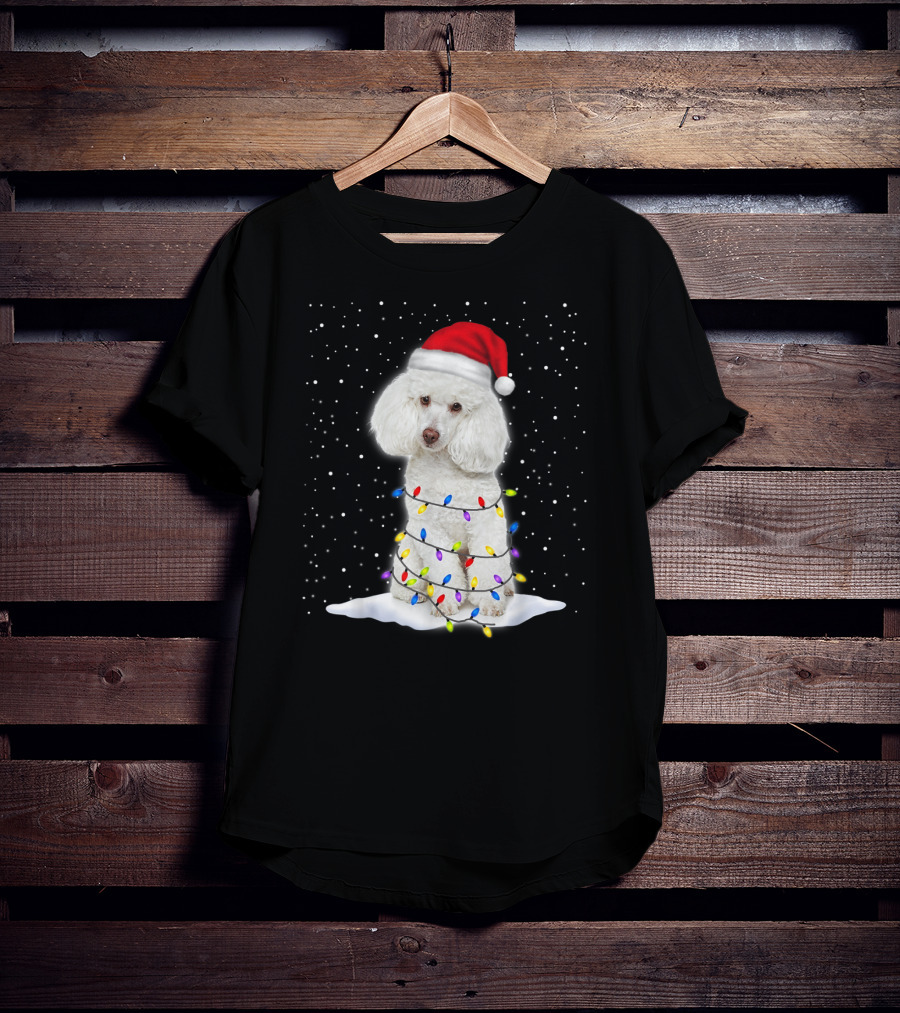 Poodle Santa Christmas Tree Decor With Colorful String Lights Snowfall T-Shirt