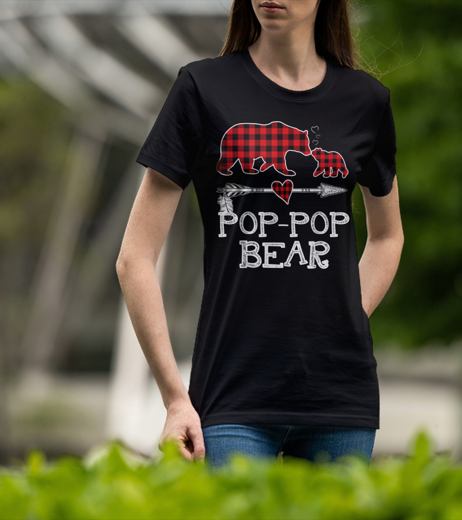 Pop Pop Bear Red Plaid Buffalo Christmas Hearts Arrow T-Shirt
