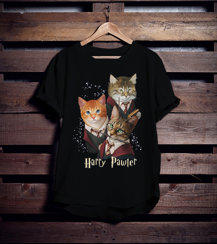 Harry Pawter Cats In Wizard Robes With Wands And Glasses T-Shirt