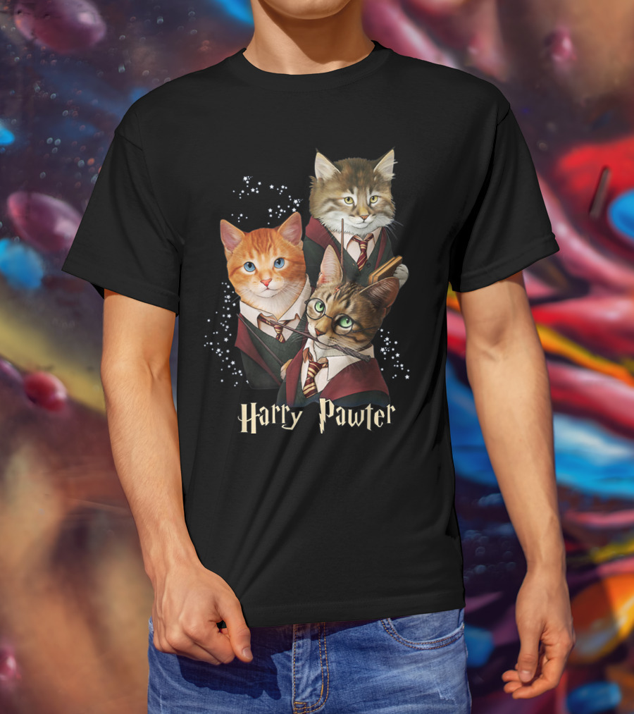 Harry Pawter Cats In Wizard Robes With Wands And Glasses T-Shirt