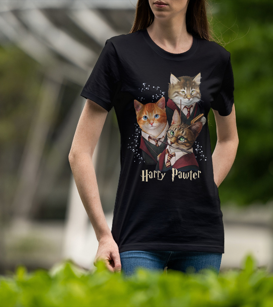 Harry Pawter Cats In Wizard Robes With Wands And Glasses T-Shirt