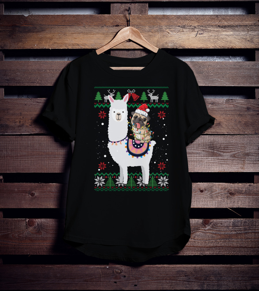 Christmas Pug Riding Llama With Santa Hat And Lights T-Shirt