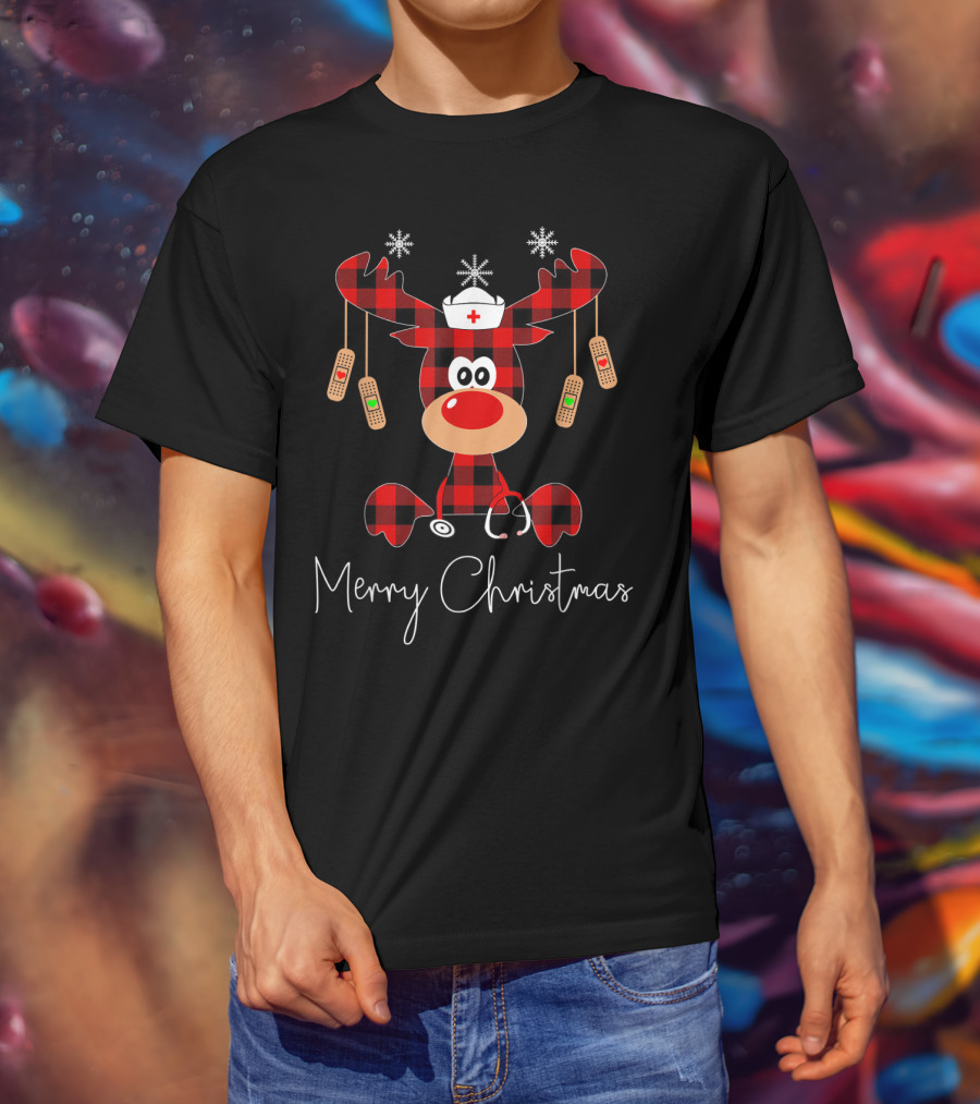 Reindeer Nurse Merry Christmas With Stethoscope And Bandages T-Shirt