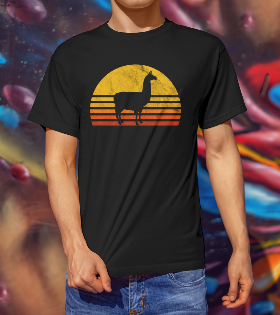 Retro Llama Silhouette Against Sunset Colors T-Shirt