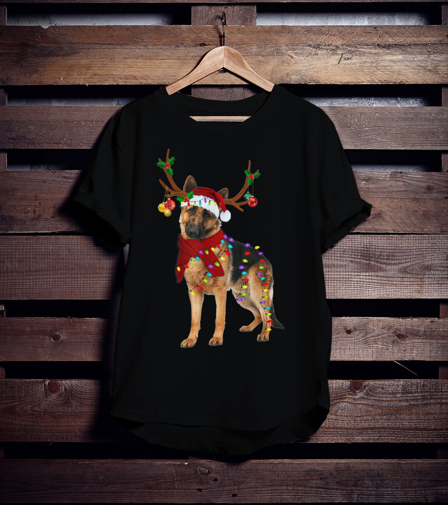 Santa German Shepherd Reindeer Antlers Christmas Lights T-Shirt