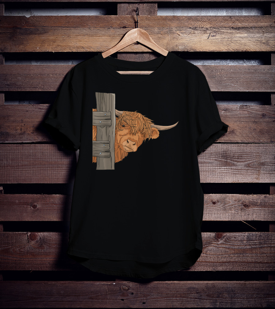 Scottish Highland Cow Spirit Animal Peeking Behind Wooden Fence T-Shirt