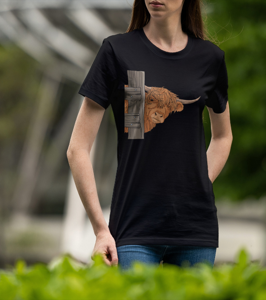 Scottish Highland Cow Spirit Animal Peeking Behind Wooden Fence T-Shirt
