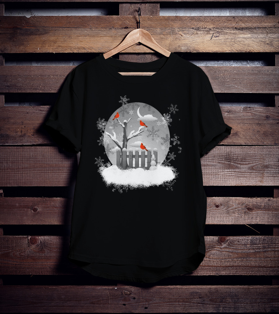 Red Cardinals On Snowy Winter Night With Snowflakes And Moon Scene T-Shirt