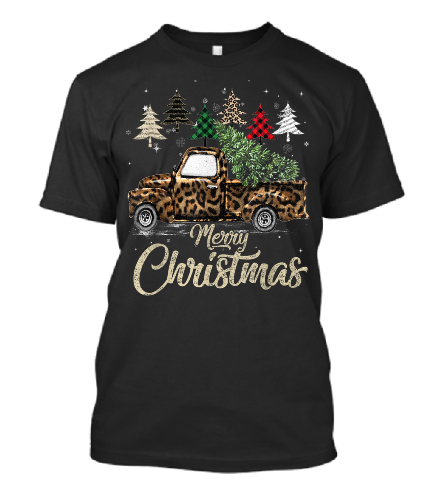 Merry Christmas Buffalo Plaid Leopard Truck With Trees T-Shirt