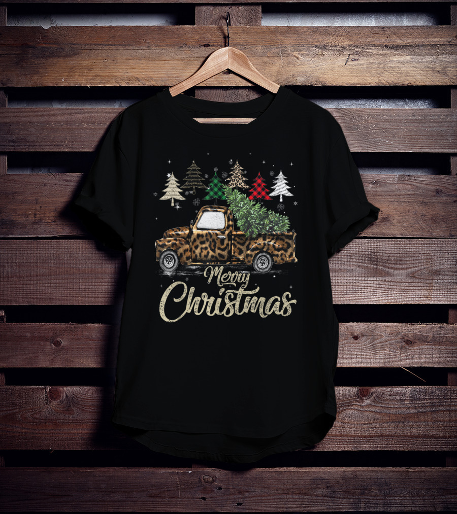 Merry Christmas Buffalo Plaid Leopard Truck With Trees T-Shirt