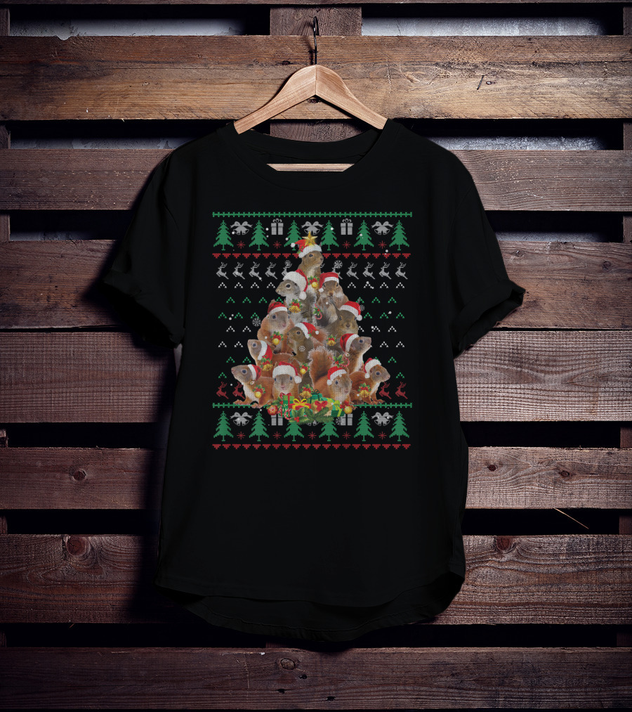 Christmas Tree Squirrel Santa Hats And Presents T-Shirt