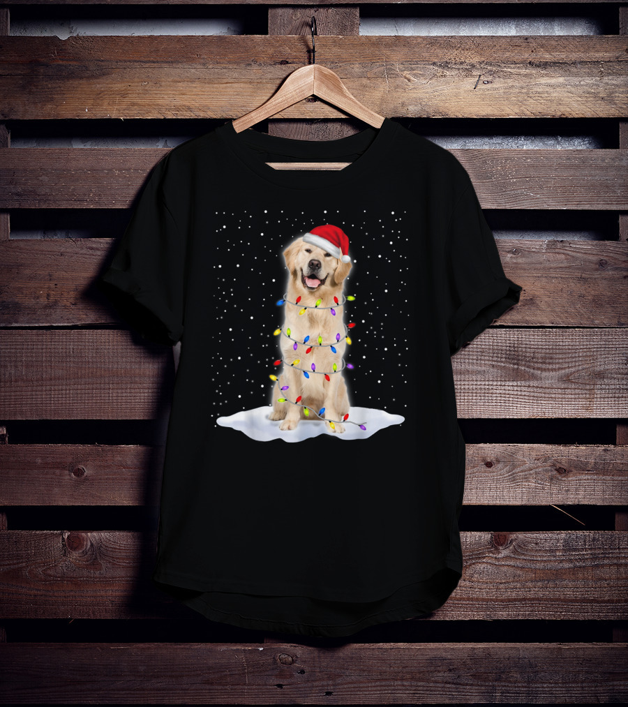 Golden Retriever With Santa Hat Wrapped In Colorful Christmas Tree Lights And Snowflakes T-Shirt