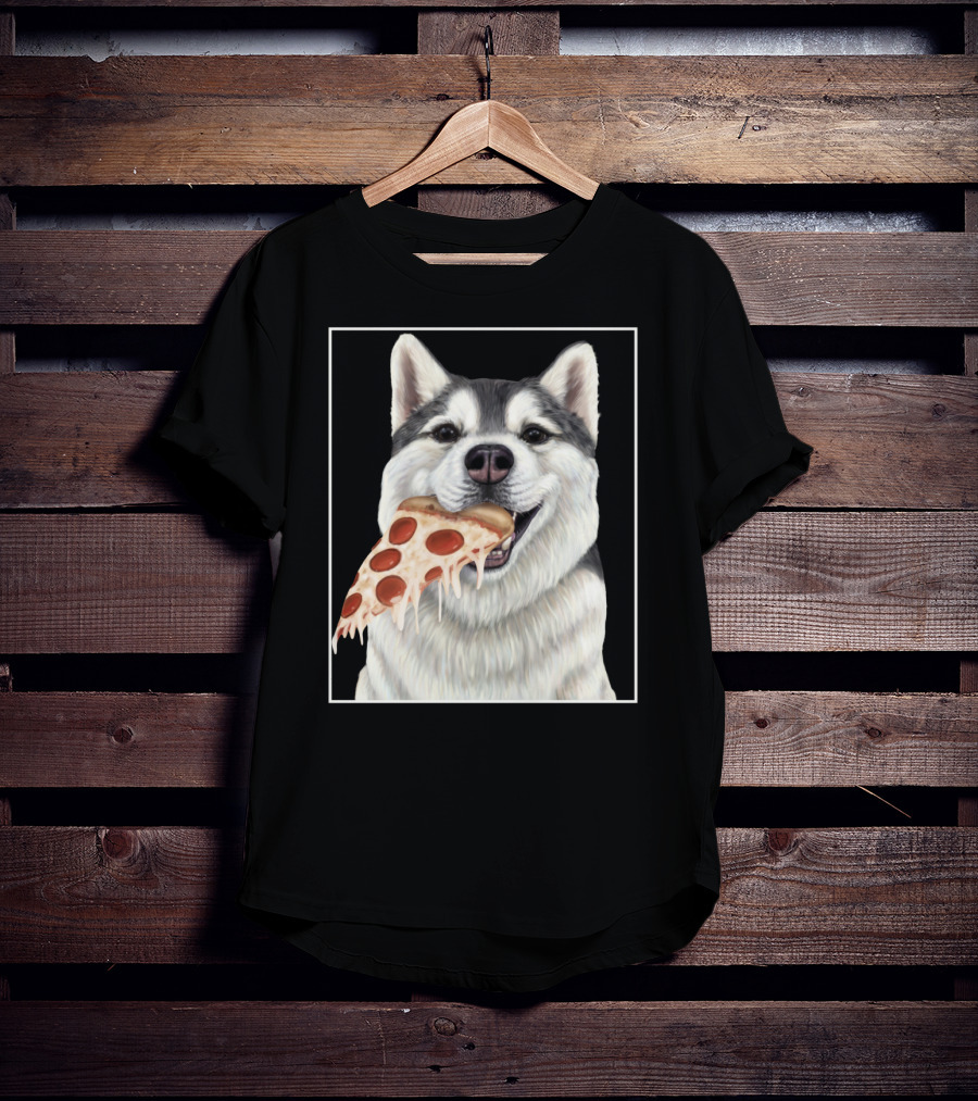 Husky Eating A Pepperoni Pizza Slice Dog Image T-Shirt