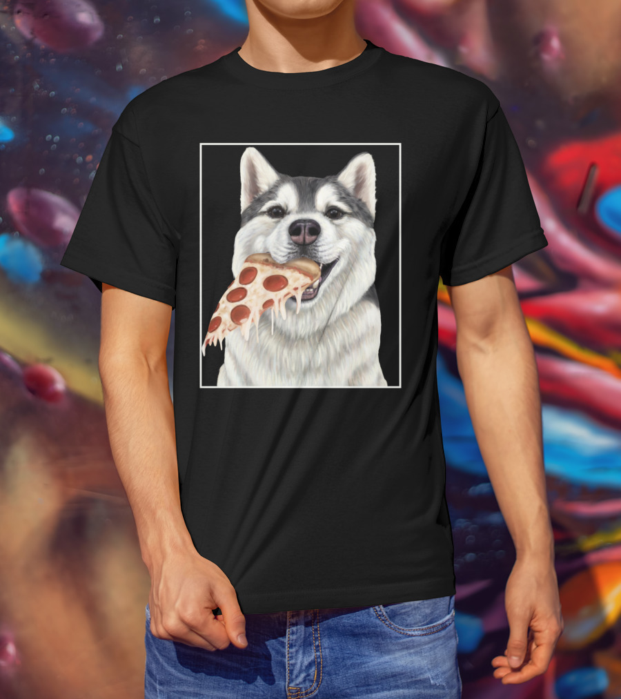 Husky Eating A Pepperoni Pizza Slice Dog Image T-Shirt