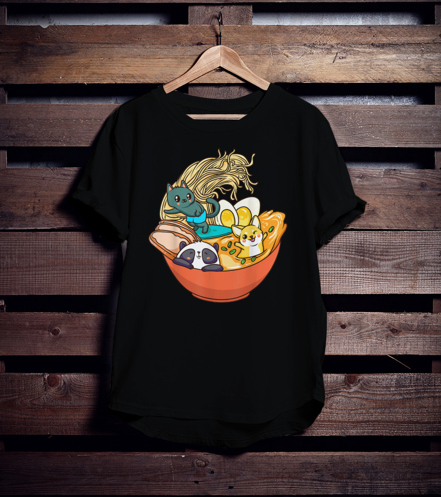 Kawaii Cat Panda Dog Anime Noodle Bowl With Egg And Ramen T-Shirt