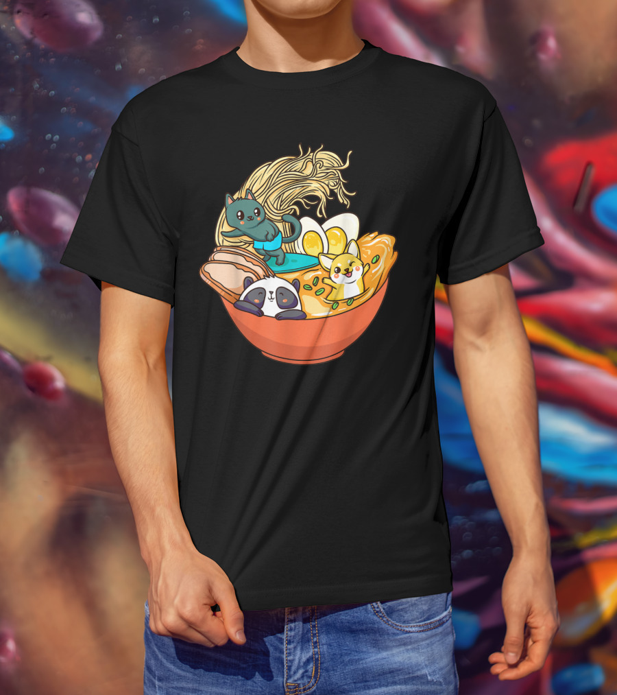 Kawaii Cat Panda Dog Anime Noodle Bowl With Egg And Ramen T-Shirt