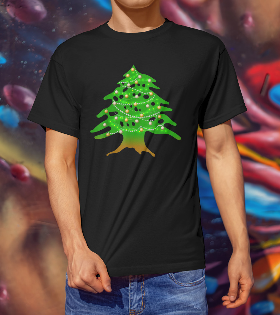 Lebanese Cedar Christmas Tree Lights Holiday Lebanon Flag Colors T-Shirt