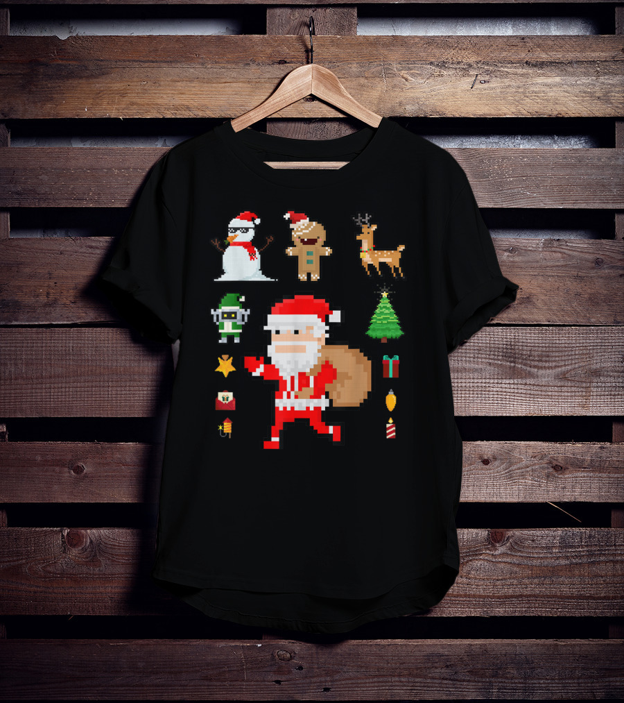 Pixel 8Bit Santa Claus Snowman Gingerbread Reindeer Christmas Tree Gifts Gaming T-Shirt