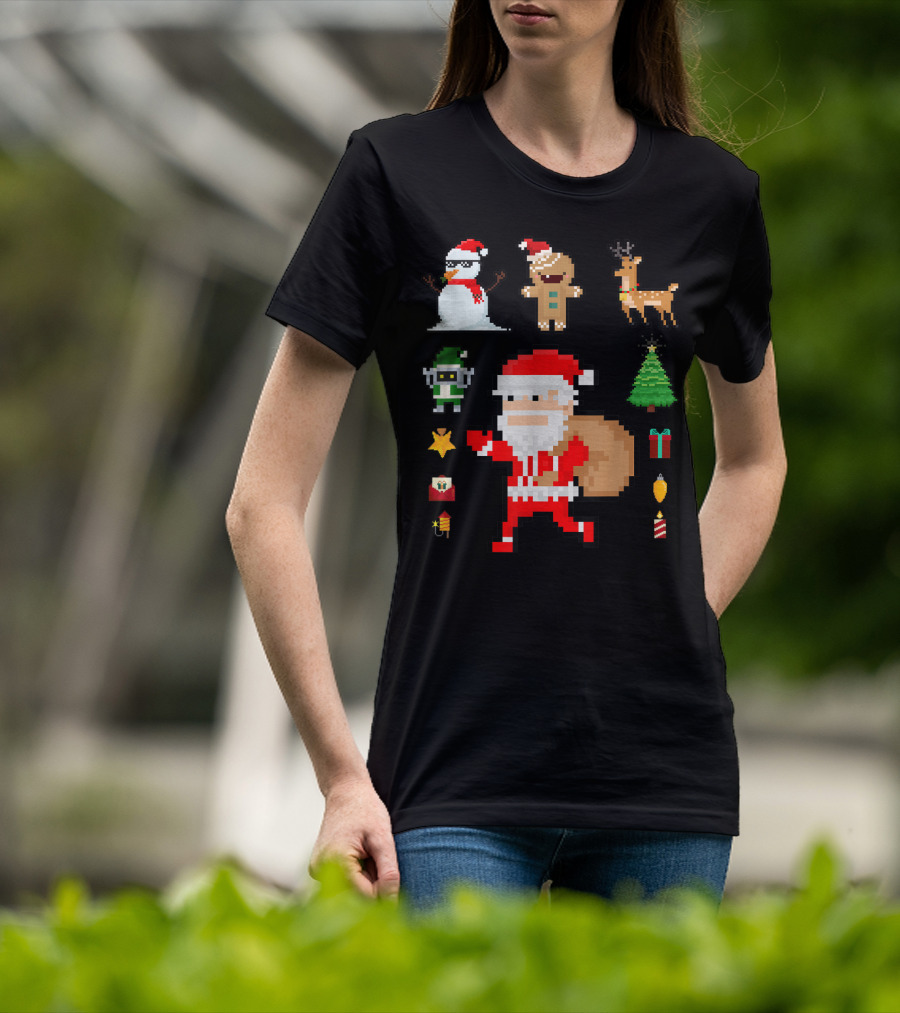 Pixel 8Bit Santa Claus Snowman Gingerbread Reindeer Christmas Tree Gifts Gaming T-Shirt