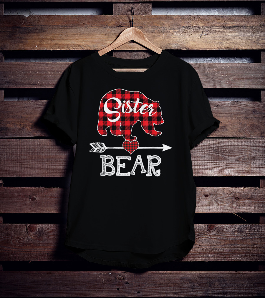 Sister Bear Christmas Red Plaid Buffalo Arrow Heart T-Shirt