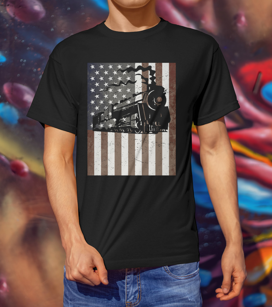 American Flag Steam Train Vintage Model Builder T-Shirt