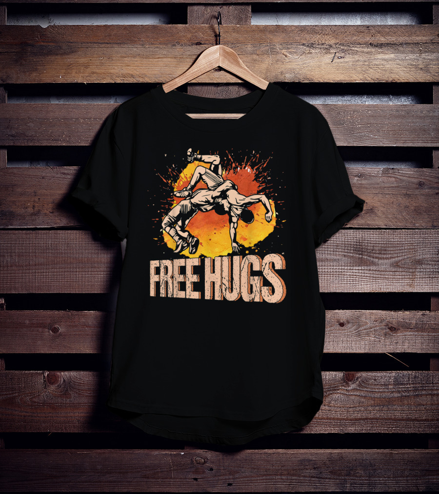 Free Hugs Wrestling Art With Splash Background T-Shirt