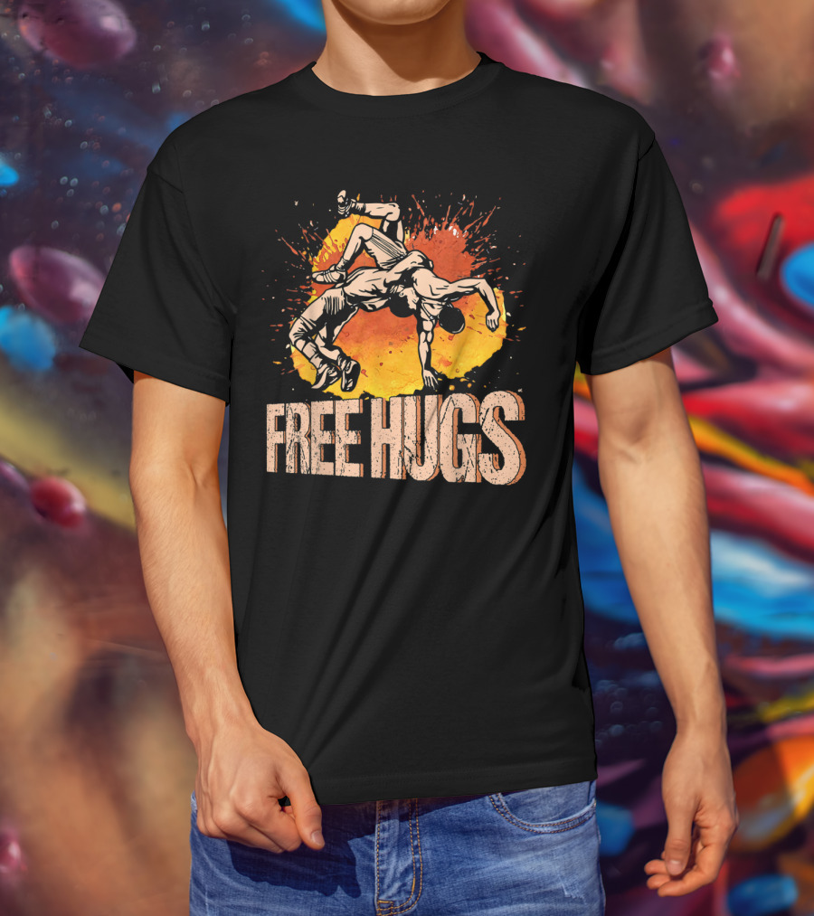 Free Hugs Wrestling Art With Splash Background T-Shirt