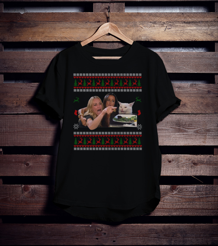 Yelling At A Cat Ugly Christmas Meme Sweater Pattern With Reindeer And Trees T-Shirt